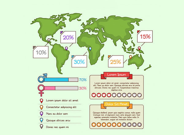 手绘世界地图加数据分析图例 Hand drawn collection of infographic elements
