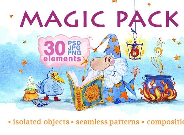 可爱的魔术水彩元素剪贴画素材精选PSD