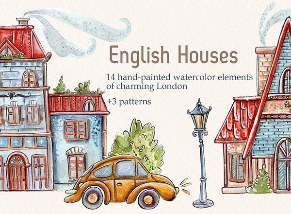 优雅的清新手绘水彩风格欧式英式建筑大汇总