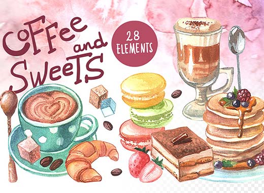 高质量的手绘水彩画咖啡&甜品图集文件[psd,png,jpg]