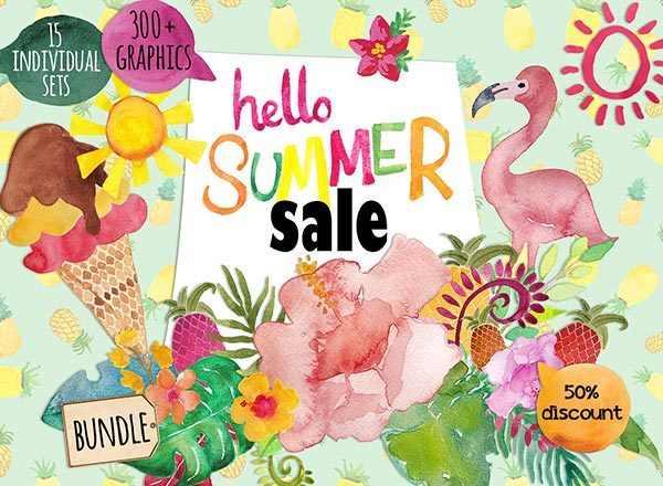 清新可爱的夏天手绘水彩风格元素大汇总