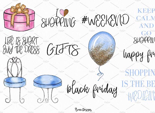 水彩风格的时尚购物剪贴画合辑文件[png]