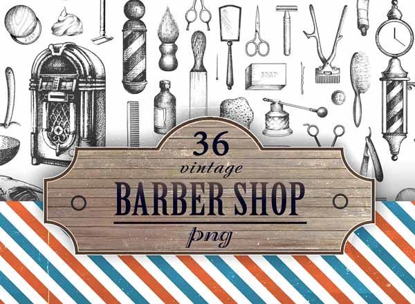 36枚复古手绘理发工具主体高清素材精选文件[png]