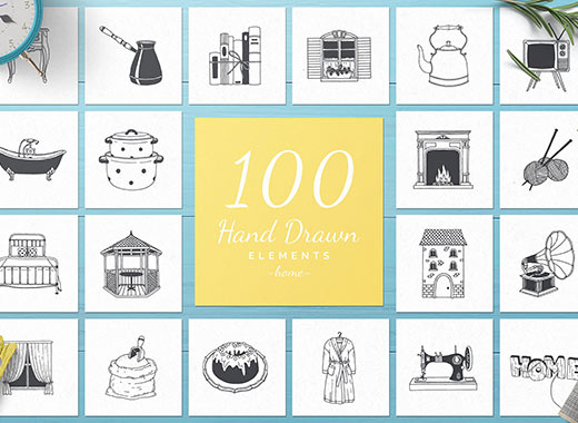 100个手绘家居用品的矢量图形素材精选文件[psd,ai,eps,png]