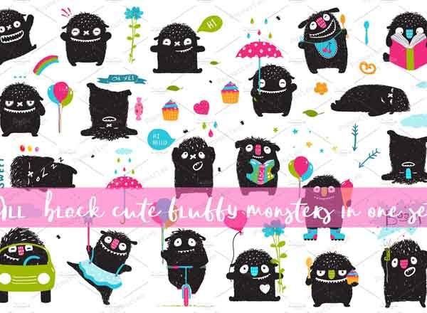 一组可爱的手绘小怪物矢量素材精选打包文件[eps,png,jpg]