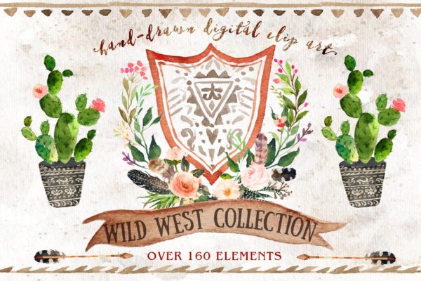 美国西大荒元素水彩素材精选 Watercolor Wild West Collection