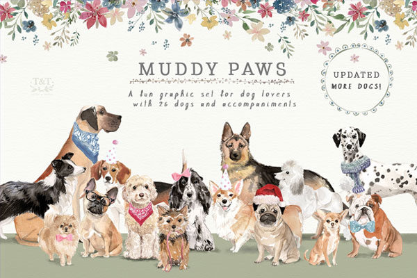 水彩手绘小狗素材精选集 Dog Graphic Set – Muddy Paws [1.1GB]