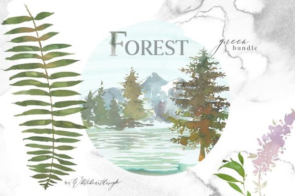绿色森林水彩图案剪切画汇总 Forest – Green Watercolor Bundle