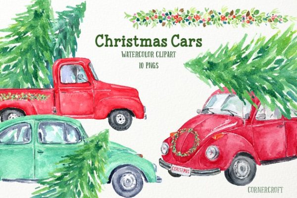 圣诞节主题汽车水彩剪切画 Watercolour Christmas Cars