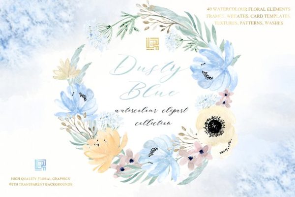 灰蓝色&金色水彩花卉图案 Dusty blue gold. Watercolor floral