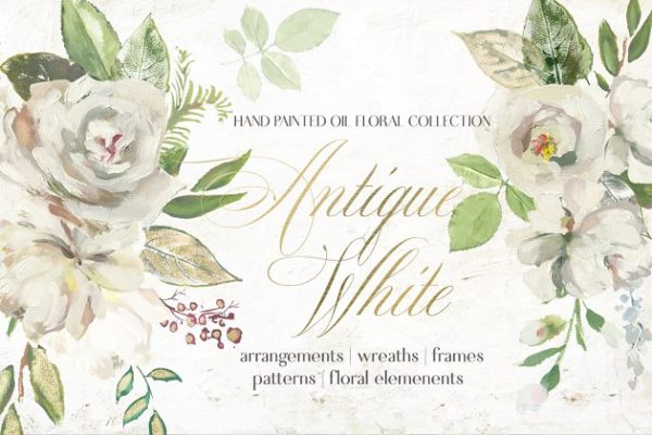 复古白色手绘花卉设计素材精选 Antique White Hand Painted Flowers