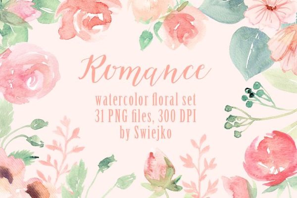 浪漫风格手绘花卉&绿叶水彩图案 Romantic Floral Clipart set