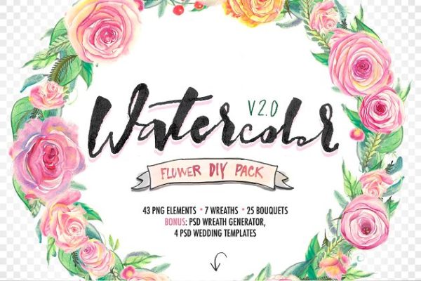 水彩花卉元素、花环&婚礼模板 Watercolor flower DIY Pack2