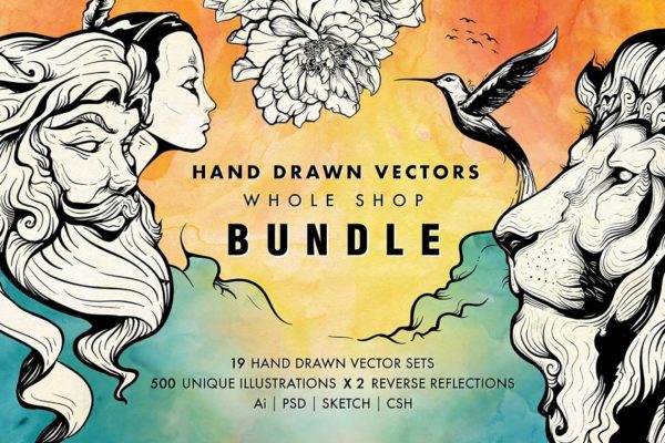 叶子、鸟&其他大量手绘图形素材精选 Hand Drawn Vectors Bundle