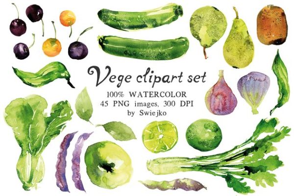 45款蔬果水彩剪切画素材精选 Watercolor Veggies and Fruits