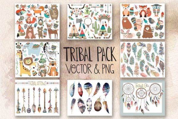121个部落元素剪贴画汇总 121 pc Tribal Vector Clipart Bundle