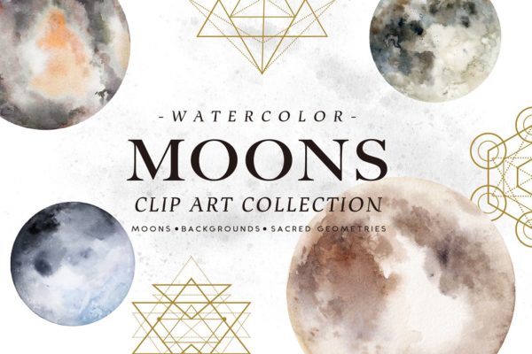 月亮水彩图案素材精选 Watercolor Moons
