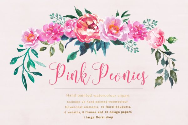牡丹花水彩剪贴画 Peonies Pink Flower Clipart