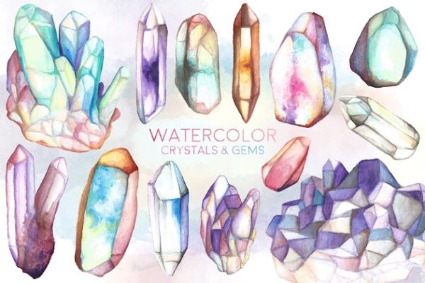 水晶&宝石水彩图案纹理 Watercolor Crystals & Gems Bundle