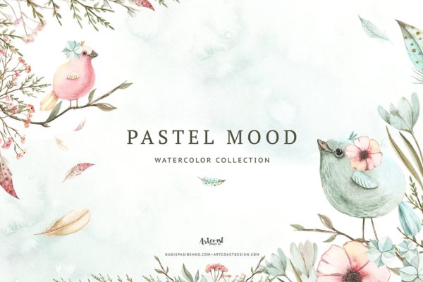小鸟、树叶&花卉水彩粉画剪贴画 Watercolor Pastel Mood