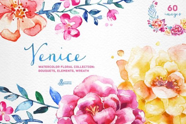 威尼斯水彩花卉设计素材精选收藏 Venice. Watercolor floral collection
