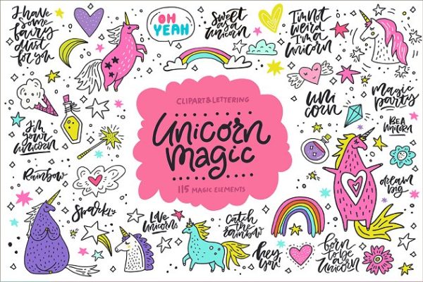 魔术独角兽剪贴图与文字素材精选 Unicorn Magic: clipart & lettering