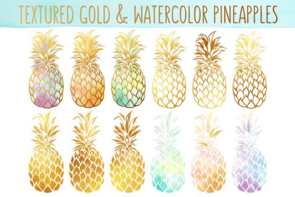 水彩&金色菠萝矢量图形 Watercolor & Gold Pineapples Bundle