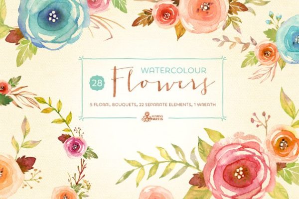 水彩花卉剪贴画汇总 Watercolor Flowers Pack