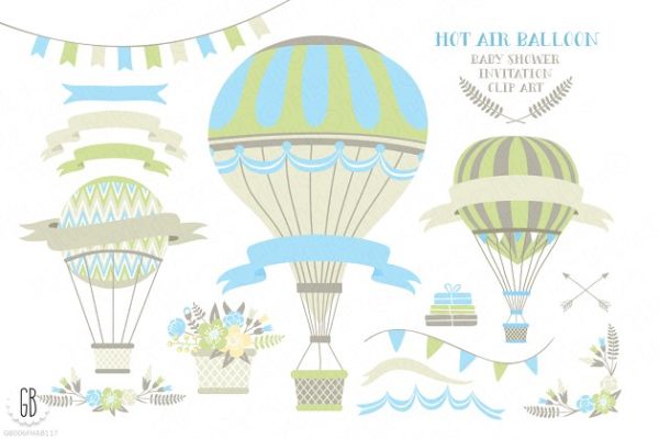 热气球婴儿主题剪贴画素材精选 Hot air balloon baby shower invite