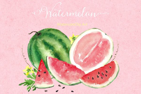 西瓜水彩剪贴画素材精选 Watermelon watercolor clipart