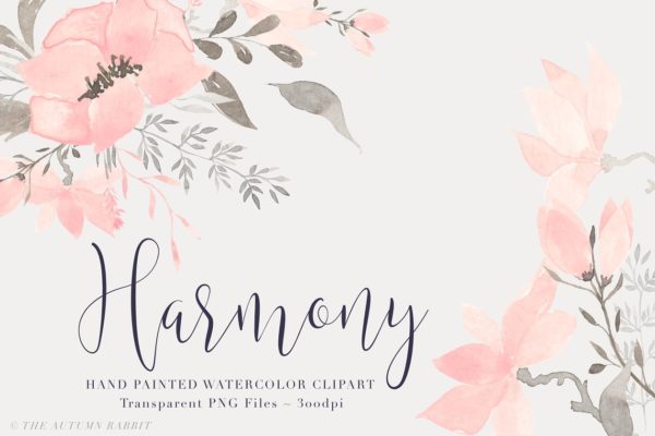 优雅水彩手绘花卉剪贴画 Watercolor Floral Clipart – Harmony