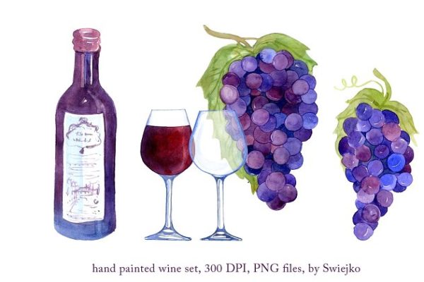水彩葡萄&葡萄酒矢量剪贴画 Watercolor Wine, Grapes