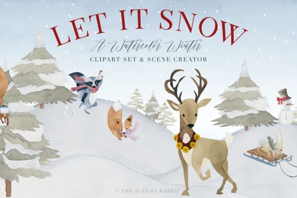 冬天冬季水彩场景设计素材精选包 Watercolor Winter Scene Creator