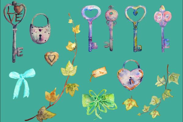 复古锁、钥匙&心形水彩图案 Watercolor Vintage Lock Key Heart
