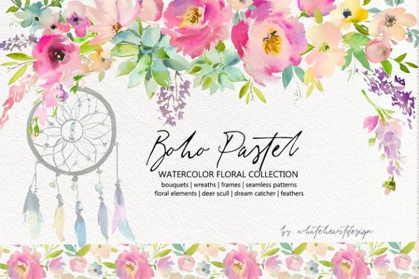 波希米亚式水粉花卉素材精选集 Boho Pastel Watercolor Flowers Set