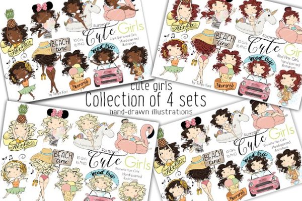 4组夏日少女剪贴画 Collection of 4 Sets Girls Summer