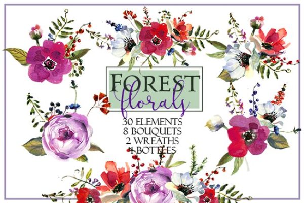 粉色紫罗兰色水彩花卉素材精选集 Watercolor Pink Purple Florals Set