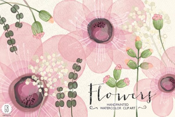 粉色手绘水彩花卉素材精选 Watercolor pink flowers diy invite