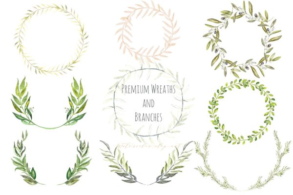 高级花环剪枝水彩剪贴画 Premium wreaths and branches clipart
