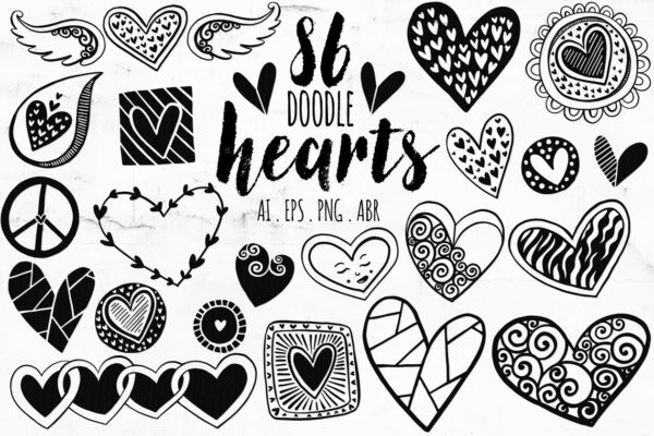心形涂鸦图形&PS笔刷 Heart Doodles + Photoshop Brush
