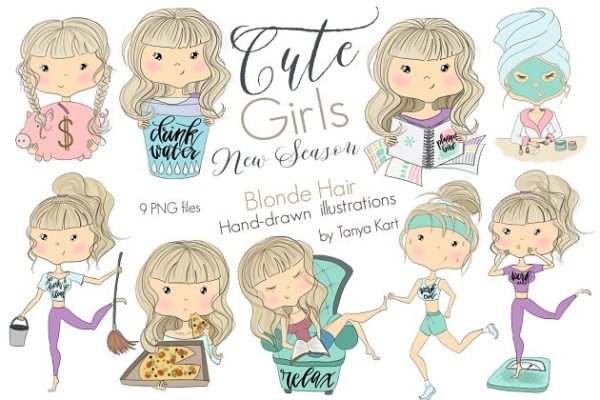 可爱金色头发女童剪贴画 Cute Girls New season Blonde Hair