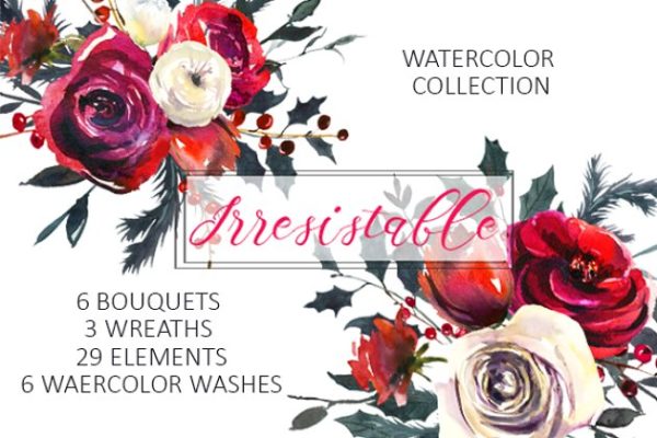 红色玫瑰花水彩剪贴画 Red Roses Watercolor Clipart Set