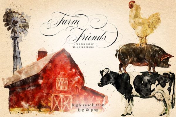 农场主题元素水彩剪贴画 Farm Friends Watercolor Graphics
