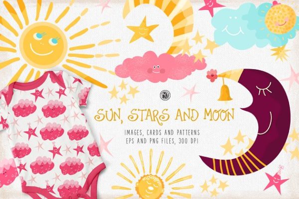 太阳，星星和月亮手绘剪贴画素材精选 Sun, Stars and Moon