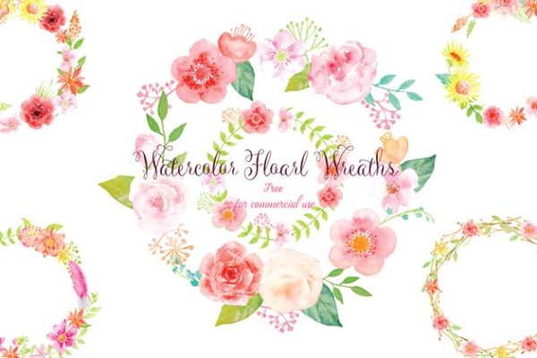 粉色水彩花环花卉剪贴画 Watercolor pink floral wreath