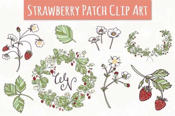 草莓色植物花卉矢量图形 Strawberry Patch Clip Art & Vectors