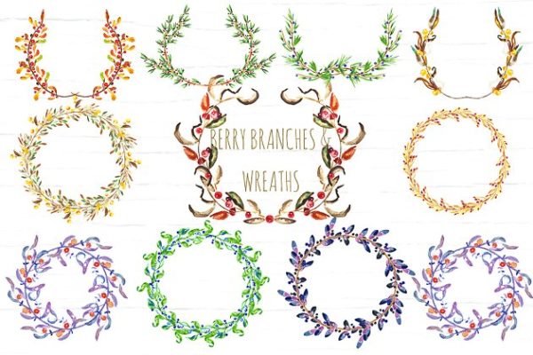 花环与花枝水彩剪贴画 Berry Wreaths and branches clipart