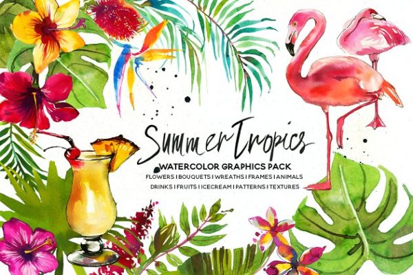 热带水彩花卉超级素材精选包[1.92GB] Tropic Watercolor Flowers & Animals