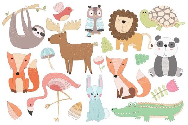可爱的手绘动物矢量图形 Cute Animal Vector & PNG Clipart Set