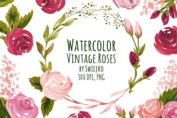 复古水彩玫瑰花卉剪贴画 Vintage Roses